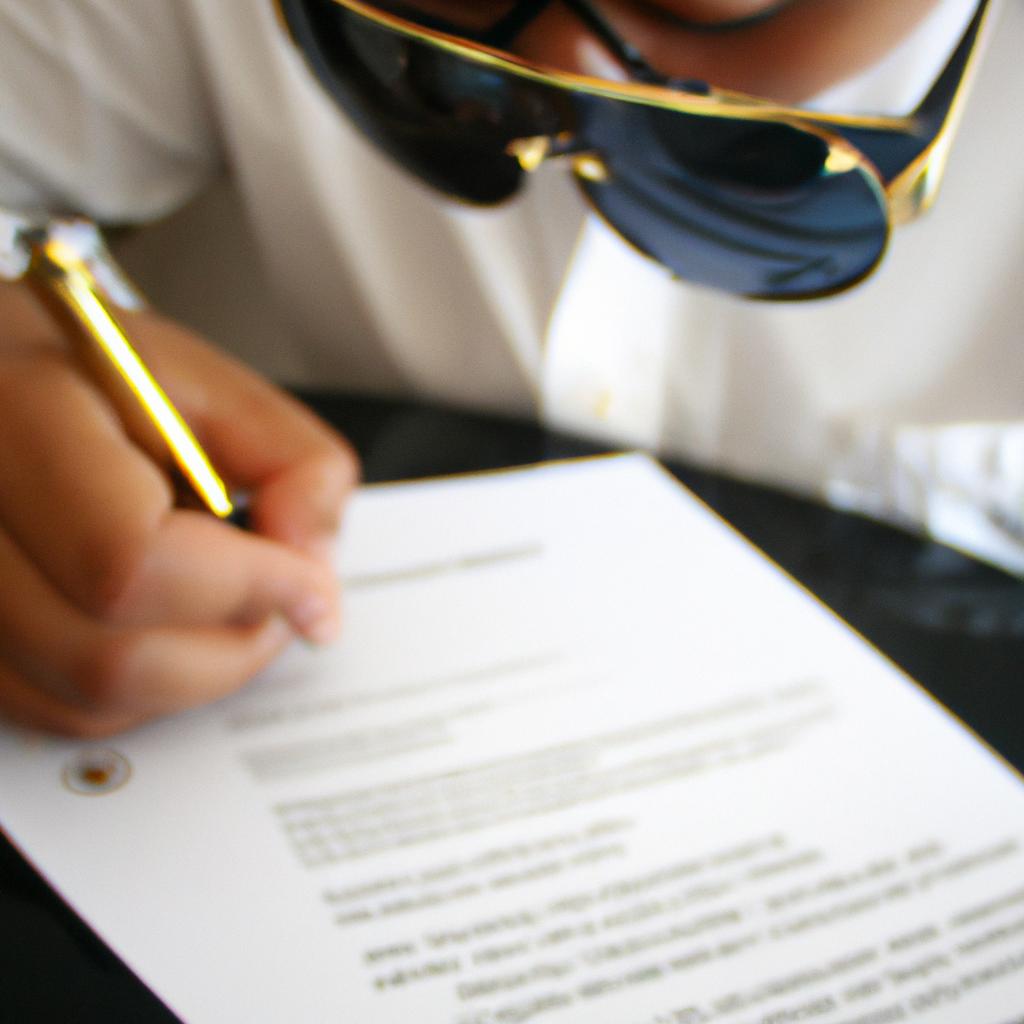 Person wearing sunglasses, signing documents