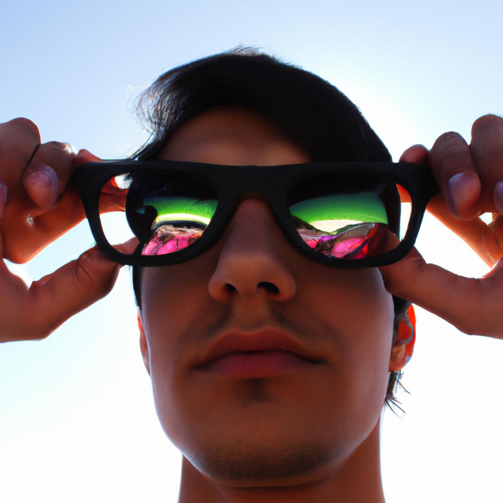 Person wearing different colored sunglasses