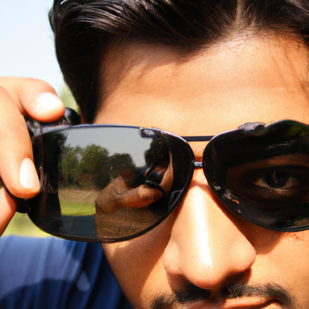 Person wearing sunglasses, examining lenses