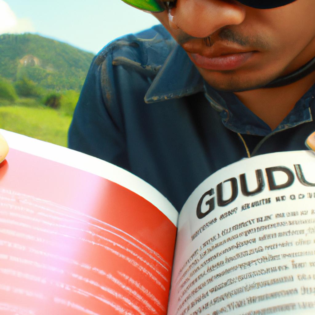 Person wearing sunglasses, reading guide