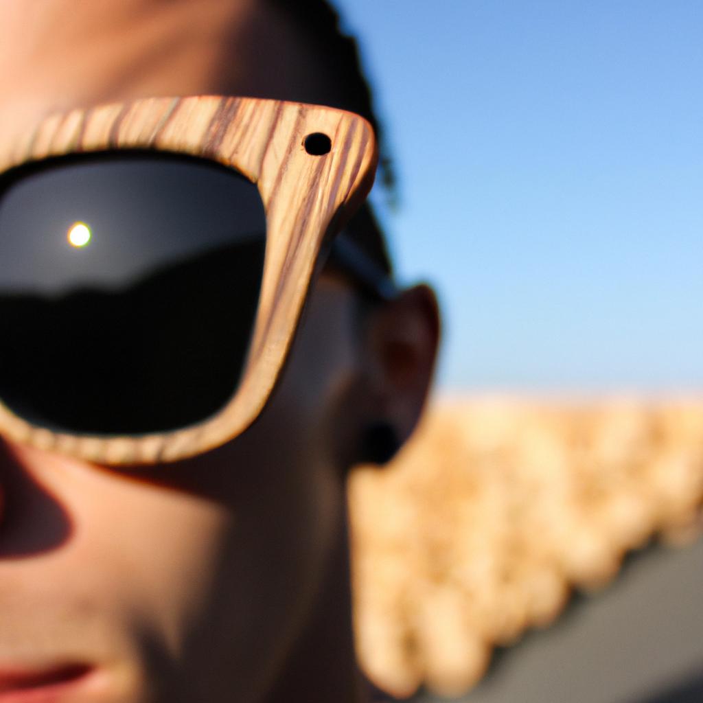 Person wearing wooden sunglasses outdoors
